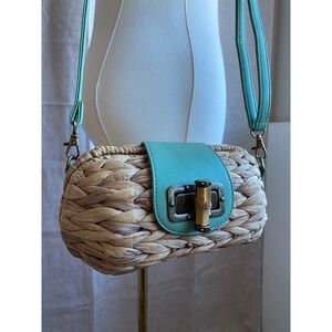 Sun‎ N Sand Woven Straw Turquoise Trim Crossbody Bag Bamboo Lock
